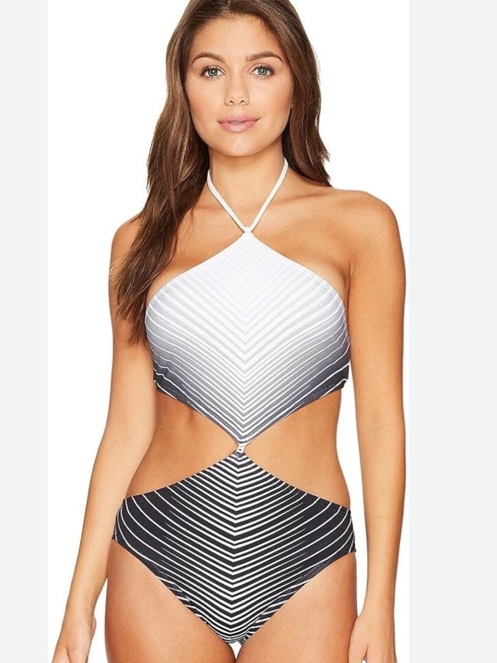 Vince Camuto Cut Out One Piece Swimsuit Black White Ombre Stripe Size 12 NWT